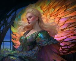 a painting of a woman with colorful wings generative AI photo