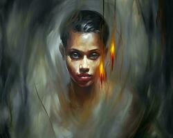 a painting of a woman with fire coming out of her eyes generative AI photo
