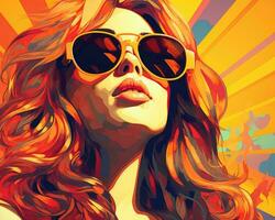 un pintura de un mujer con Gafas de sol y rojo pelo generativo ai foto