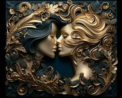a painting of two women kissing in gold and blue generative AI photo