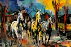 a painting of horses running in the street generative AI photo