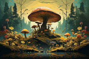 un pintura de hongos en el bosque generativo ai foto