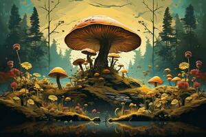 a painting of mushrooms in the forest generative AI photo