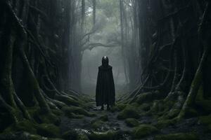 a person in a black cloak standing in the middle of a dark forest generative AI photo