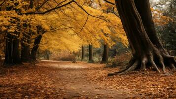 a path through an autumn forest with yellow leaves on the ground generative AI photo
