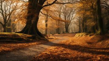 a path through an autumnal forest with trees and leaves on the ground generative AI photo