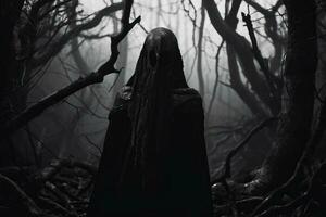 a person in a black cloak standing in the middle of a dark forest generative AI photo