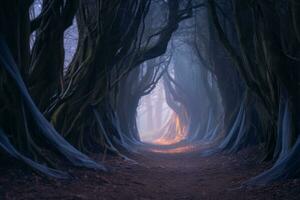 un camino mediante un bosque con arboles y azul paño generativo ai foto