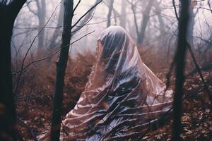 a person covered in plastic sitting in the woods generative AI photo