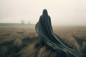 a person in a black cloak standing in a field generative AI photo