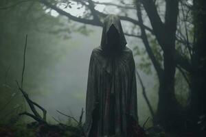 a person in a hooded cloak standing in the woods generative AI photo