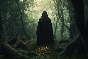 a person in a black cloak standing in the woods generative AI photo