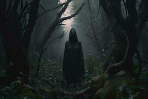 a person in a black cloak standing in the middle of a dark forest generative AI photo