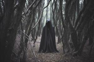 a person in a black cloak standing in the middle of a forest generative AI photo