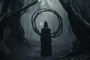 un persona en un negro capa en pie en el medio de un oscuro bosque generativo ai foto