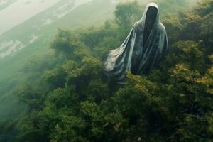 a person in a cloak standing in the middle of a forest generative AI photo