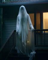 a person in a ghost costume standing on the porch of a house generative AI photo