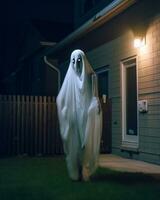 a person in a ghost costume is standing in front of a house at night generative AI photo