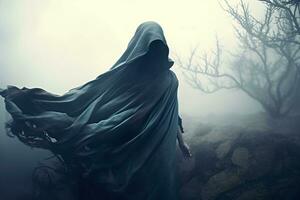 a person in a hooded cloak is standing in the fog generative AI photo