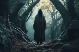 un persona en un encapuchado túnica en pie en un oscuro bosque generativo ai foto