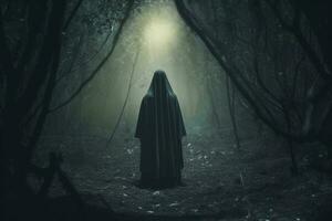 a person in a hooded robe standing in the middle of a dark forest generative AI photo