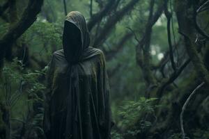 a person in a hooded cloak standing in the middle of a forest generative AI photo