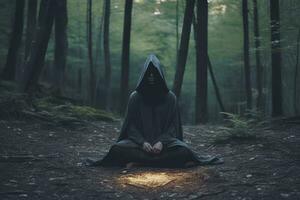 a person in a hooded robe sitting in the middle of a forest generative AI photo