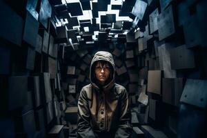 a person in a hoodie sitting in a room surrounded by boxes generative AI photo