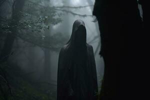 a person in a hooded robe standing in the woods generative AI photo