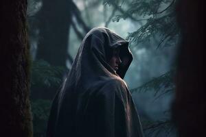 a person in a hooded robe standing in the woods generative AI photo