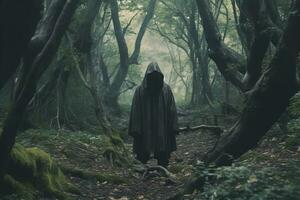 a person in a hooded robe standing in the middle of a forest generative AI photo