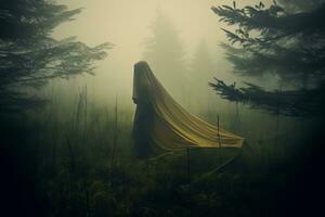 un persona en un amarillo capa en pie en el medio de un brumoso bosque generativo ai foto