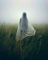 a person in a white veil standing in a field of tall grass generative AI photo