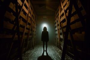 a person standing in a dark hallway with a light shining on them generative AI photo