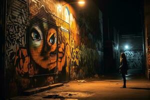 un persona en pie en un callejón a noche con pintada en el pared generativo ai foto