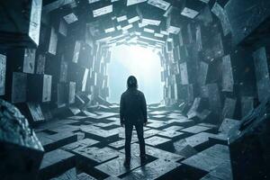 a person standing in a dark tunnel surrounded by cubes generative AI photo