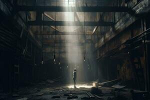 a person standing in an abandoned warehouse generative AI photo