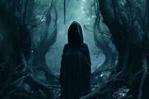 a person in a hooded robe standing in a dark forest generative AI photo