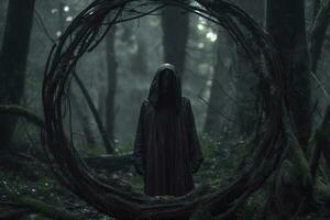 a person in a hooded robe standing in the middle of a dark forest generative AI photo