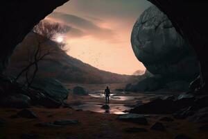 a person standing in front of a cave at sunset generative AI photo