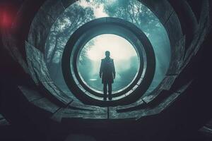 a person standing in front of a circular tunnel generative AI photo