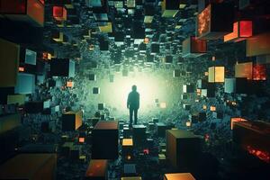 a person standing in front of a tunnel filled with cubes generative AI photo