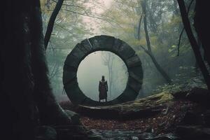 a person standing in front of a stone circle in the woods generative AI photo