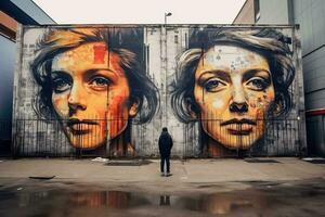 un persona en pie en frente de un grande mural de dos mujer generativo ai foto