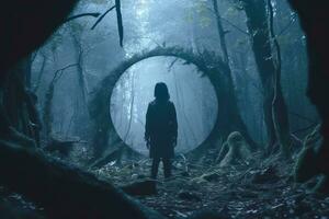 a person standing in the middle of a dark forest generative AI photo