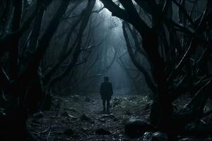 un persona en pie en el medio de un oscuro bosque generativo ai foto