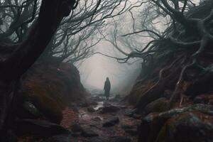a person standing in the middle of a dark forest generative AI photo