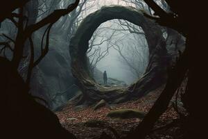 un persona en pie en el medio de un oscuro bosque generativo ai foto