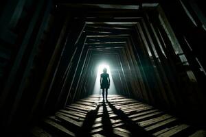 a person standing in the middle of a dark tunnel generative AI photo