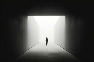 a person standing in the middle of a dark tunnel generative AI photo